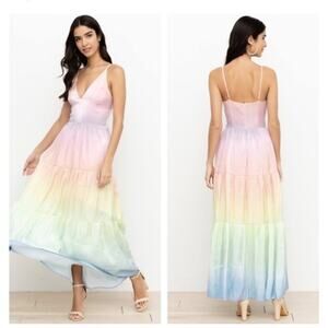 YUMI KIM Sullivan Tiered Maxi Dress Rainbow Ombré Dreamy Shiny Satin Sz XS